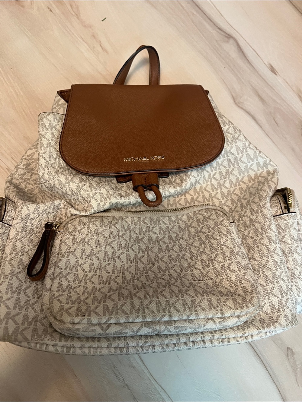 Michael Kors Cream & Brown Logo Backpack with Leather Flap